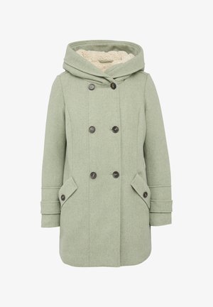Manteau en laine mélangée vert clair avec fermeture à boutons croisés, poches latérales et surface texturée. Doté d'une capuche avec doublure crème.