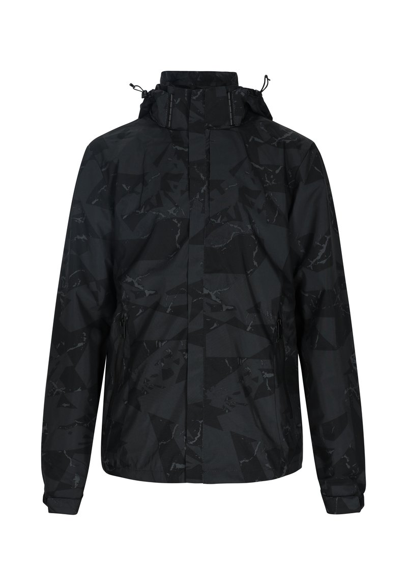 Giacca nera con un motivo geometrico, dotata di un colletto alto, cappuccio regolabile con cordino e tasche laterali con zip. Materiale leggero.