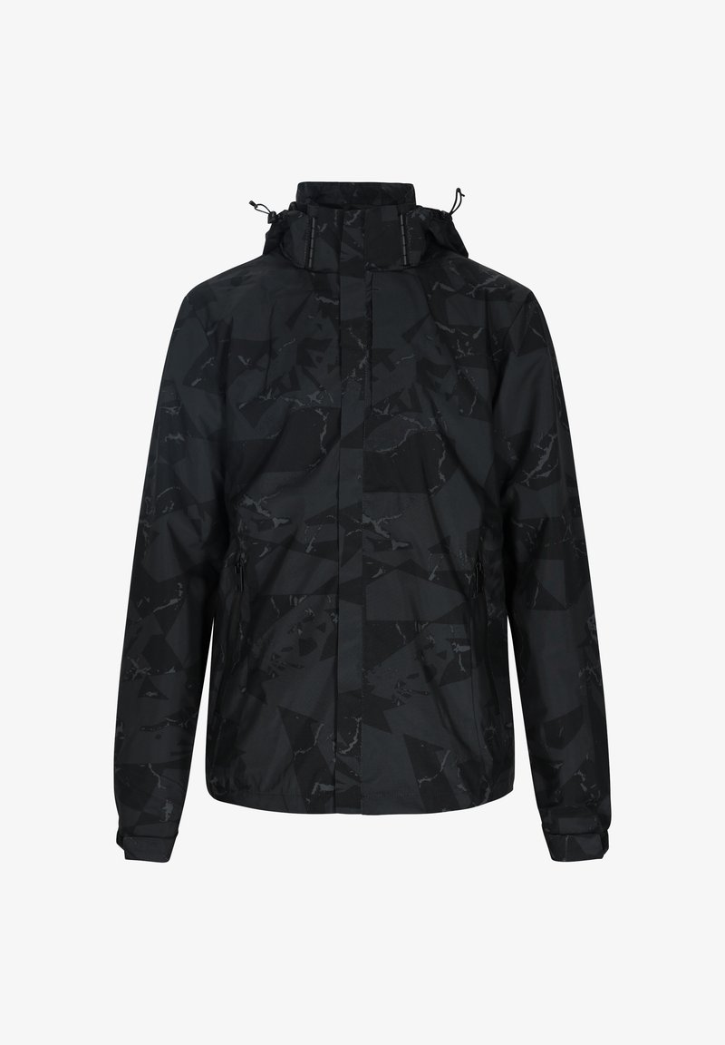 Giacca nera con un motivo geometrico, dotata di un colletto alto, cappuccio regolabile con cordino e tasche laterali con zip. Materiale leggero.