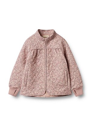 Vatteret lyserød jakke med rund hals, frontlynlås, sidelommer og ribbede manchetter. Har et tekstureret, mønstret stof.