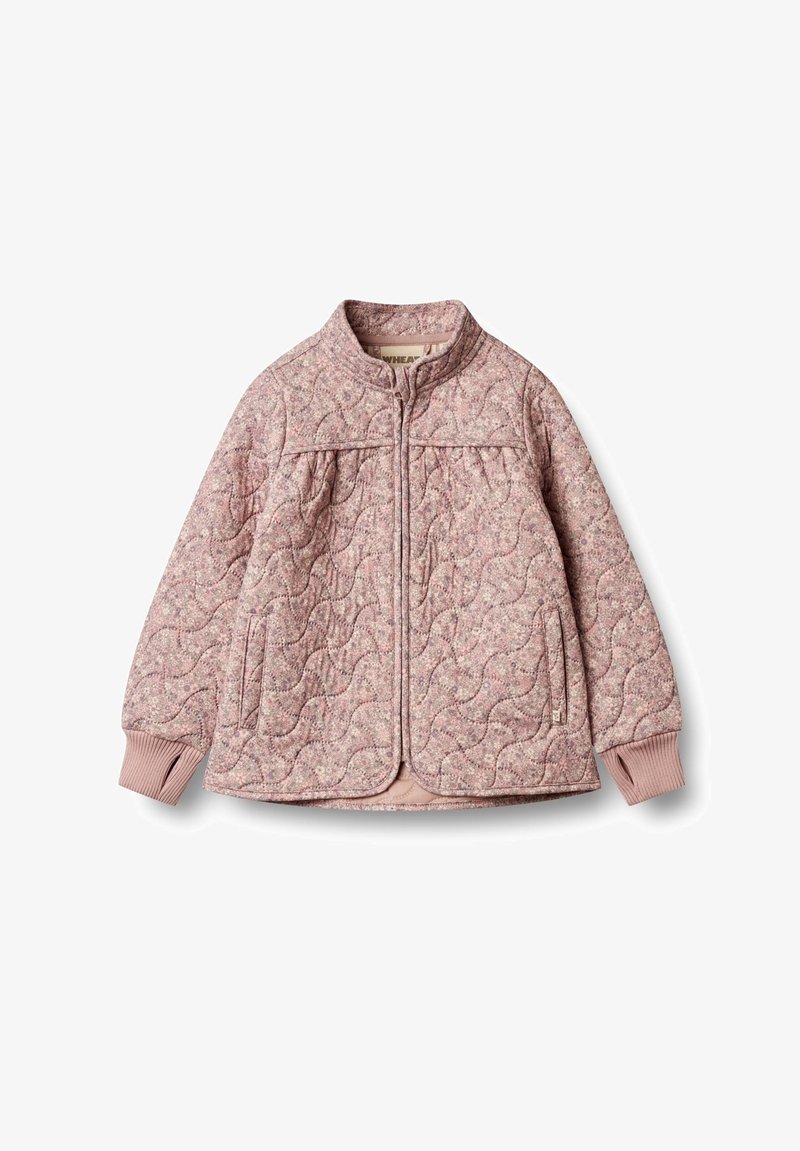 Giacca trapuntata rosa con collo rotondo, zip frontale, tasche laterali e polsini a costine. Presenta un tessuto testurizzato e motivo.
