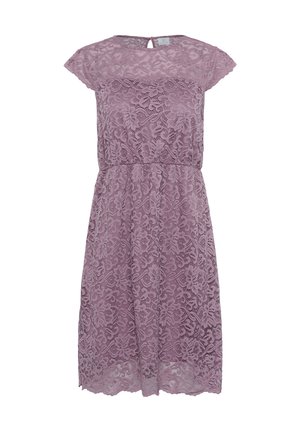 Rochie din dantelă în lavandă deschisă, cu mâneci scurte tip capac, un detaliu în formă de fereastră la spate și o siluetă lejeră accentuată de o talie ajustată.