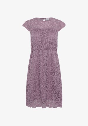 Lace dress in soft lavender with short cap sleeves, a keyhole back detail, and a flowy silhouette accentuated by a fitted waist.