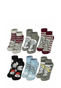 Set di otto paia di calze che presentano vari colori, modelli e personaggi dei cartoni animati, inclusi design blu, grigi e neri con grafiche di cartoni animati.