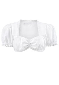 White cropped blouse with puffed short sleeves, gathered front, lace trim along neckline and sleeves, made of smooth fabric. Size 36.
