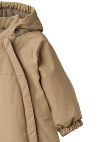 Beige jacket with a hood, elastic cuffs, and a textured lining. Features a front flap closure and smooth, matte fabric.