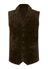 Braune Wildlederweste mit einem Reverskragen, fünf Knöpfen und zwei Fronttaschen. Glatte Textur und taillierte Form. Ohne Ärmel.
