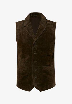 Braune Wildlederweste mit einem Reverskragen, fünf Knöpfen und zwei Fronttaschen. Glatte Textur und taillierte Form. Ohne Ärmel.