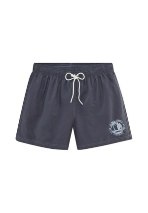 Navy blue swim shorts with white drawstring and a light blue palm tree and sailboat graphic labeled "Summer Vibes Beach Paradise" on the leg.