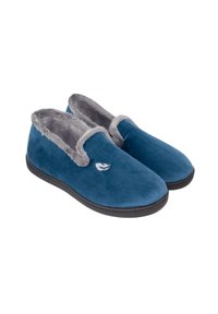 Zapatillas de ante azul con forro de piel gris, diseño sin cordones, forma redondeada y un pequeño logo en el costado. Suela de goma negra.