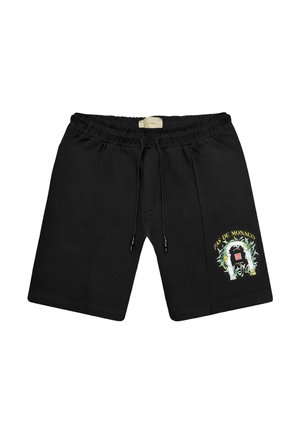 Schwarze Shorts mit elastischem Bund, Kordelzug und einem "Pas de Monaco"-Blumenbogen-Design, das auf dem unteren rechten Bein aufgedruckt ist.