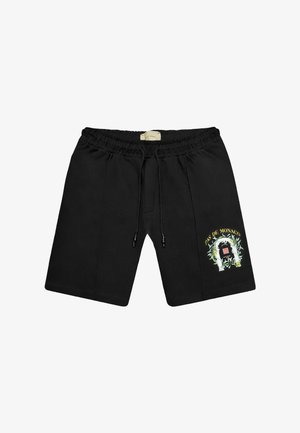 Zwarte shorts met elastische tailleband, trekkoorden en een "Pas de Monaco" bloemenboog opdruk op het rechteronderbeen.