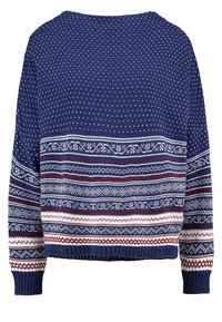 Granatowy sweter dzianinowy z geometrycznymi i śnieżynkowymi wzorami w białym, czerwonym i niebieskim kolorze. Luźny krój z ściągaczem u dołu i szerokimi rękawami.