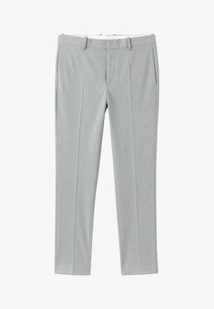 Jasnoszare spodnie o delikatnej fakturze, prostym kroju, z dwoma przednimi kieszeniami i dopasowanym fasonem, wyposażone w zamek błyskawiczny i szlufki na pasek.