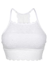 Bralette bianco in pizzo con orlo a scalloped, spalline regolabili e un motivo floreale testurizzato con un inserto in rete sul retro.