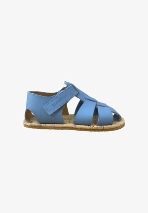 Sandalia infantil de cuero azul con correa de velcro ajustable y suela de corcho, diseño de punta abierta para transpirabilidad y comodidad.