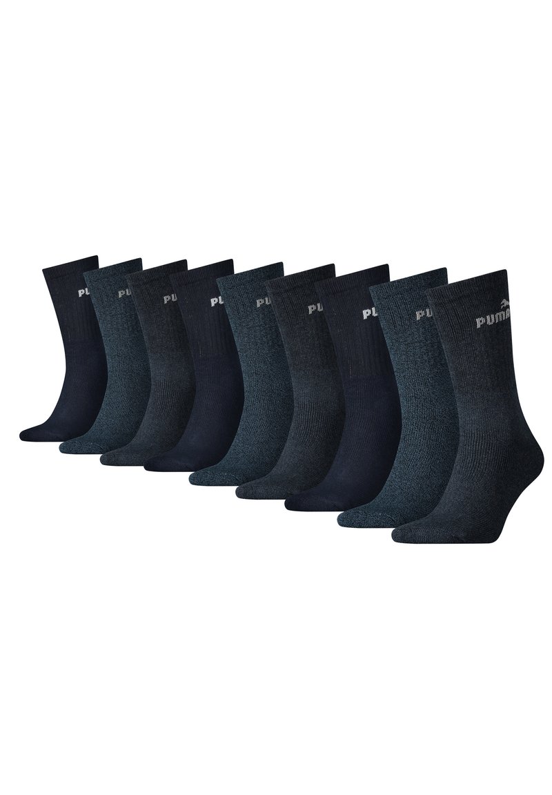 Zehn Paar Socken in verschiedenen Schattierungen von Dunkelblau und Marineblau, mit gerippten Bündchen und dezenten Logo-Details an der Seite.