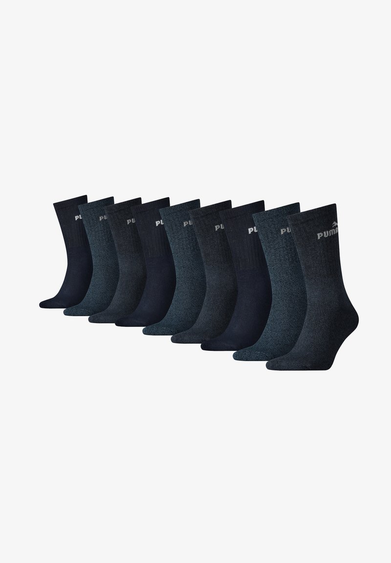 Zehn Paar Socken in verschiedenen Schattierungen von Dunkelblau und Marineblau, mit gerippten Bündchen und dezenten Logo-Details an der Seite.