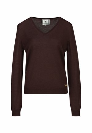 Pull marron foncé à manches longues avec col en V, poignets et bas côtes, avec une petite étiquette dorée près de l’ourlet inférieur côté gauche.