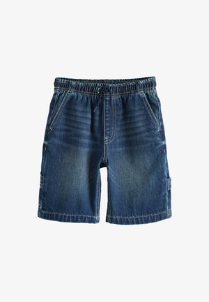 Traper kratke hlače s elastičnim pojasom, plave boje, dva prednja džepa i bočni džepovi za teret. Oštećena tekstura s vidljivim šavovima.