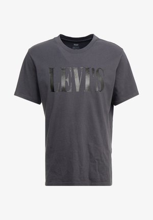 Dark gray short-sleeve Levi's t-shirt with large glossy black Levi's logo centered on the front and a crew neckline.