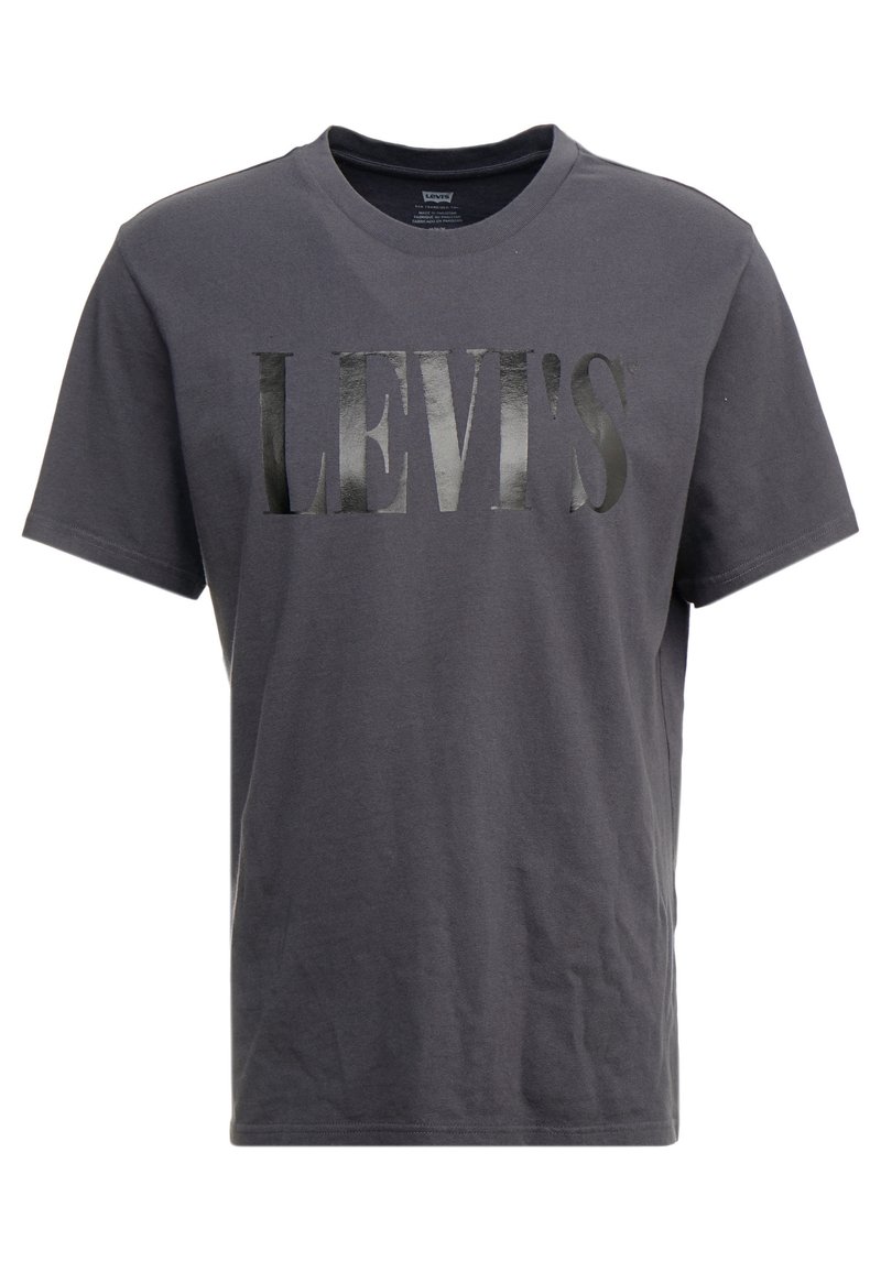 Czarnoszary t-shirt Levi's z krótkim rękawem, z dużym błyszczącym czarnym logo Levi's umieszczonym na środku przodu i okrągłym dekoltem.