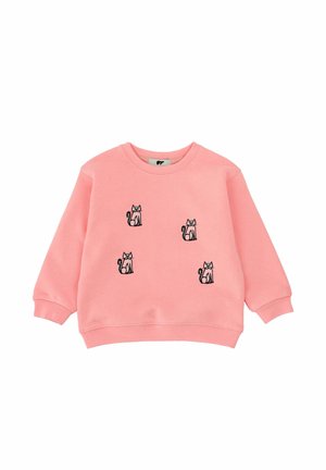 Rosa Kinder-Sweatshirt mit langen Ärmeln und vier auf der Vorderseite gestickten sitzenden Katzen, die blaue Fliegen tragen.