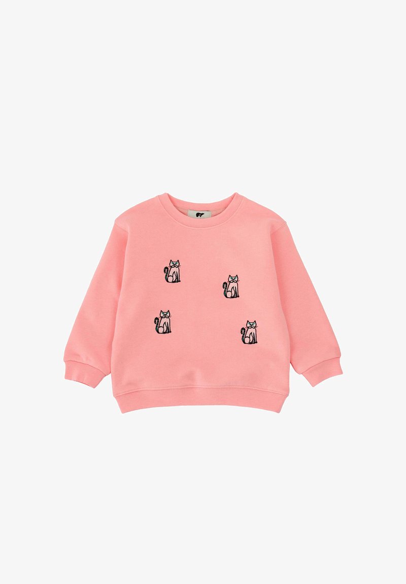 Felpa rosa a maniche lunghe per bambini con quattro gatti seduti ricamati sulla parte anteriore, che indossano papillon blu.
