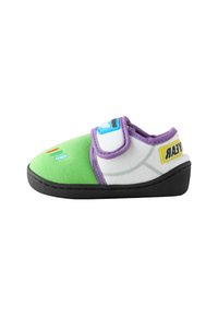 Green and white slippers with purple accents, featuring a velcro strap, black sole, and embroidered details. Soft fabric exterior.
