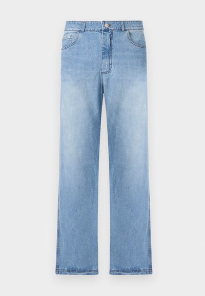 Heledad helesinine teksad laia lõikega, sirgete jalgadega ja viie taskuga. Omavad vööringe ja kindlat nööbikinnitust.