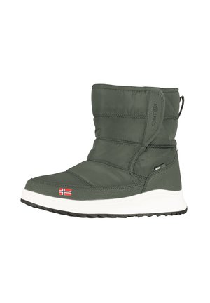 Grüner, isolierter Winterstiefel mit gestepptem Design, weißer Gummisohle, seitlichem Logo und einem Flaggenmotiv auf der Außenseite. Weicher Stoff und praktische Form.