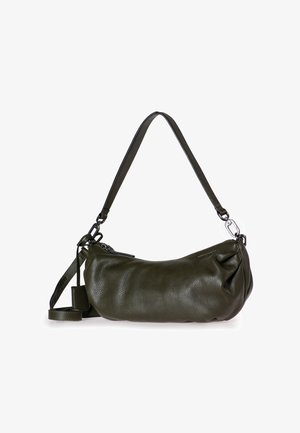 Olive green leather shoulder bag with a curved shape, pleated detailing, and adjustable strap with silver hardware accents.