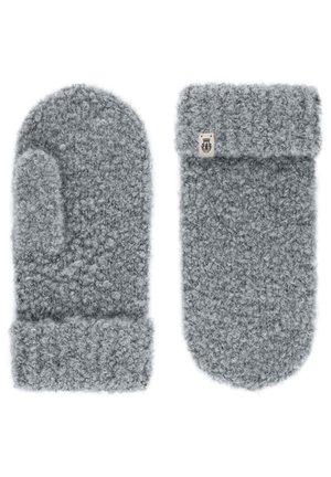 Gray knit mittens made of fluffy material, featuring a thick cuff and a label. One mitten has a separate thumb section.