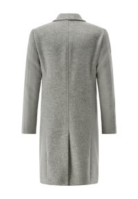 Grauer Wollmantel mit geradem Schnitt, langen Ärmeln, Reverskragen und zwei Seitentaschen, mit einem strukturierten Fischgrätmuster.
