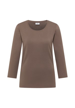 Brązowa koszulka z długim rękawem wykonana z miękkiego materiału. Posiada zaokrąglony dekolt i prosty dół. Metka z napisem "CECI". Prosty wzór.