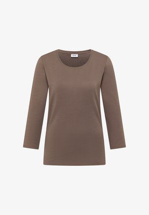 Brązowa koszulka z długim rękawem wykonana z miękkiego materiału. Posiada zaokrąglony dekolt i prosty dół. Metka z napisem "CECI". Prosty wzór.