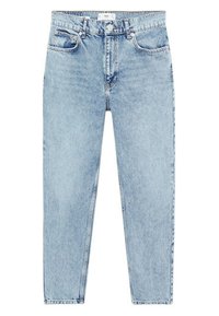 Jean en denim bleu clair à jambe droite avec boutons sur le devant, passants de ceinture et cinq poches, présenté sur fond blanc.