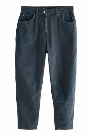 Mørkeblå kordfløjlsbukser med afslappet pasform, der har en flad linning, fem lommer og sølvfarvede beslag.
