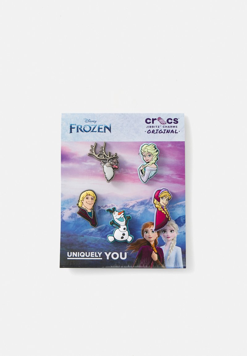 Charms Jibbitz de Crocs représentant des personnages de La Reine des Neiges : Elsa, Anna, Olaf, Kristoff et Sven. Plastique coloré avec des designs de dessins animés détaillés.