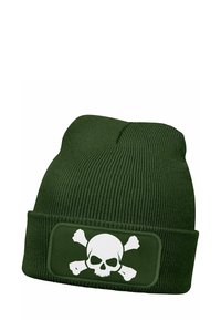 Green knit beanie hat with a folded cuff featuring a white skull and crossbones graphic on a patch. Made from ribbed fabric, it has a snug fit.