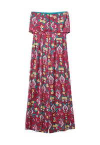 Colorful, floral-patterned jumpsuit with a strapless design, featuring pink, turquoise, and yellow hues; lightweight fabric and wide legs.