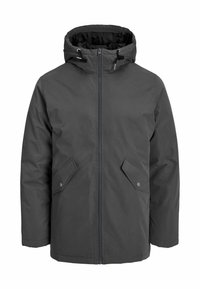 Giacca imbottita grigio scuro con cerniera frontale, cappuccio regolabile e due tasche oblique anteriori. Presenta una finitura liscia e opaca.