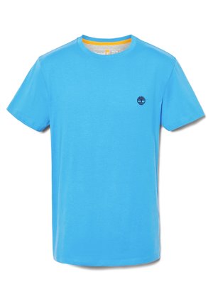 Blue short-sleeve crew neck t-shirt with small black tree logo on left chest and yellow trim inside collar.