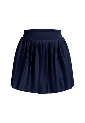Navy plisseret nederdel lavet af glat stof med en tætsiddende talje og flere dybe plisseringer, der giver en udvidet silhuet.