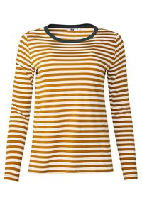 Långärmad T-shirt i gult och vitt randigt mönster med en grön rund halsringning. Tillverkad i bomull, avslappnad passform, med jämna horisontella ränder.