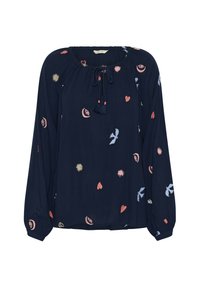 Chemisier marine avec motifs brodés en rose, bleu et or. Doté d'un col froncé avec un lien et de longues manches bouffantes.