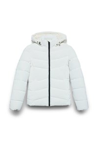 Giacca puffa bianca con cappuccio, dotata di una cerniera nera e un motivo a zig zag trapuntato, che offre una texture liscia e opaca.