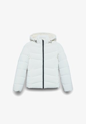 White puffer jacket with a hood, featuring a black zipper and chevron quilted pattern, offering a smooth, matte texture.