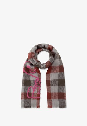 Plaid scarf with grey, red, and brown colors. Made of soft material, features fringed edges and a pink embroidered design.