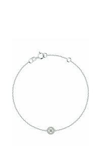 Delicate silver chain bracelet with a round central diamond cluster and a spring ring clasp on a white background.